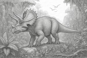 Triceratops im Urwaldtal – Ausmalbild ab 11 Jahren