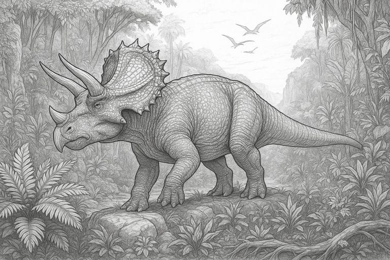 Triceratops im Urwaldtal – Ausmalbild ab 11 Jahren