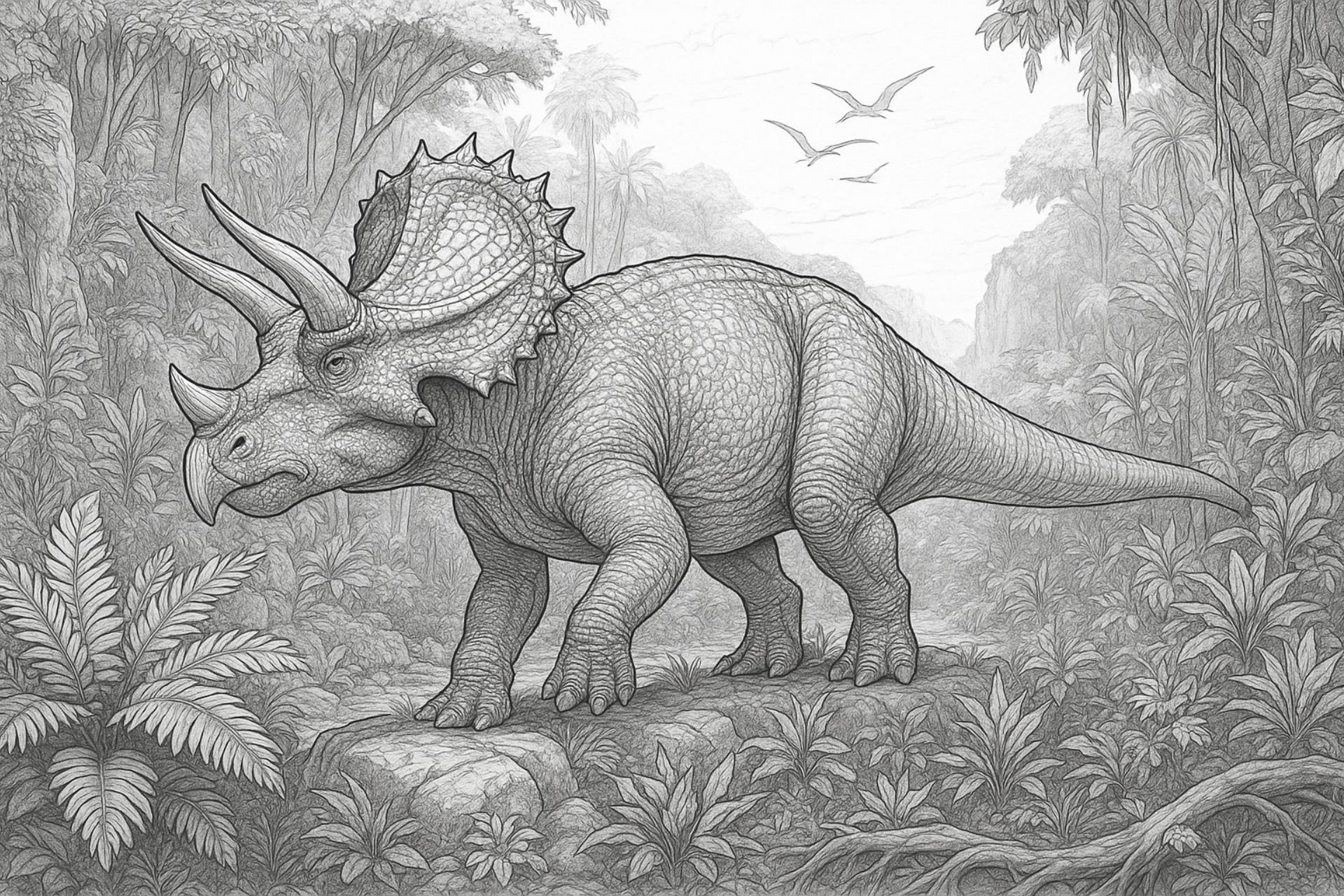 Triceratops im Urwaldtal – Ausmalbild ab 11 Jahren