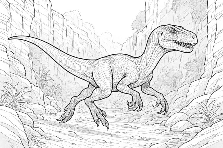 Velociraptor in Schlucht – Ausmalbild ab 11 Jahren