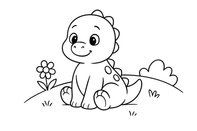 Baby-Dino auf der Wiese – Ausmalbild für Kinder ab 2 Jahren