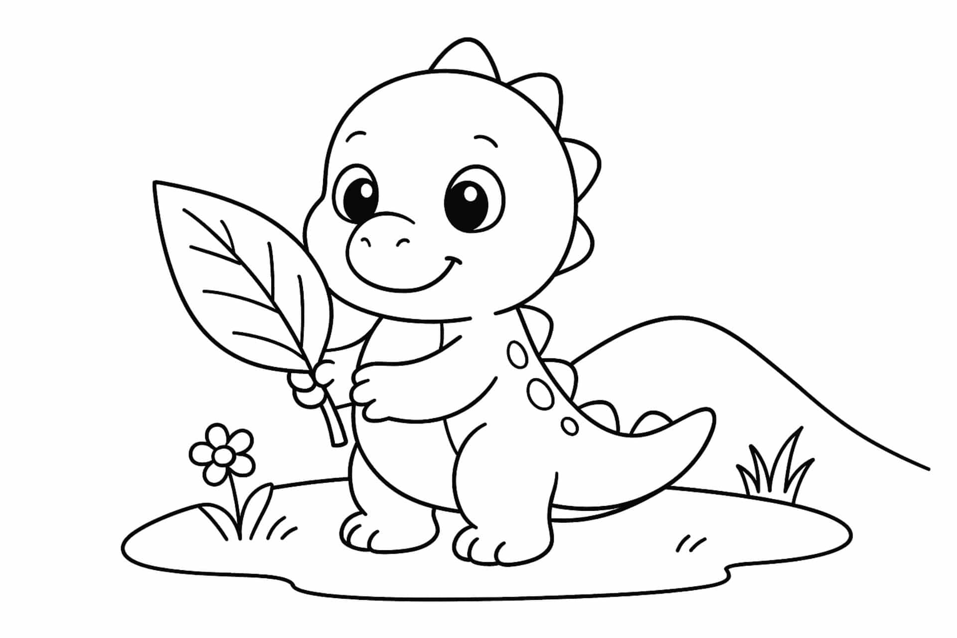 Baby-Dino mit Blatt – Ausmalbild für Kinder ab 2 Jahren