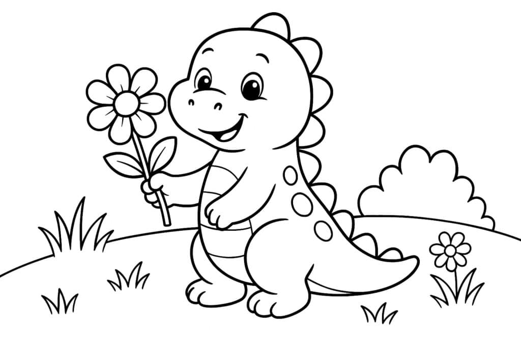 Dino mit Blume – Ausmalbild für Kinder ab 2 Jahren