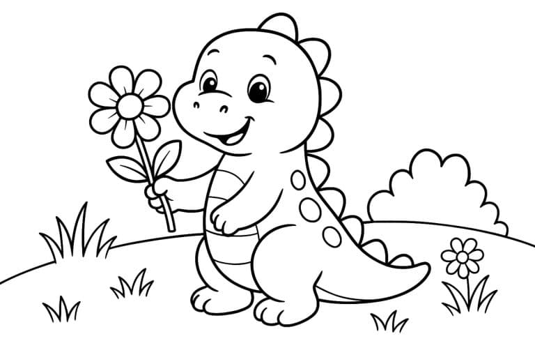 Dino mit Blume – Ausmalbild für Kinder ab 2 Jahren