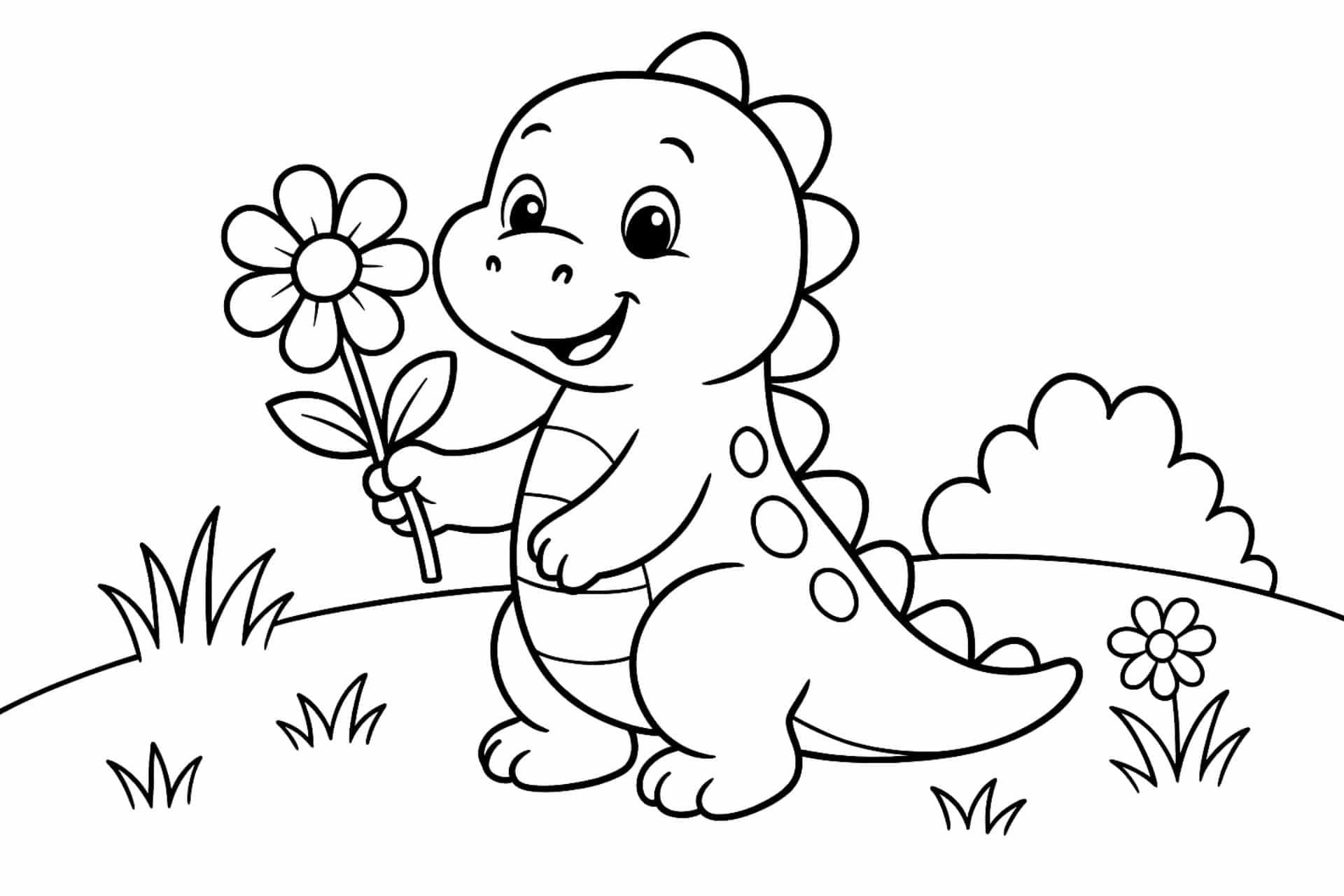 Dino mit Blume – Ausmalbild für Kinder ab 2 Jahren