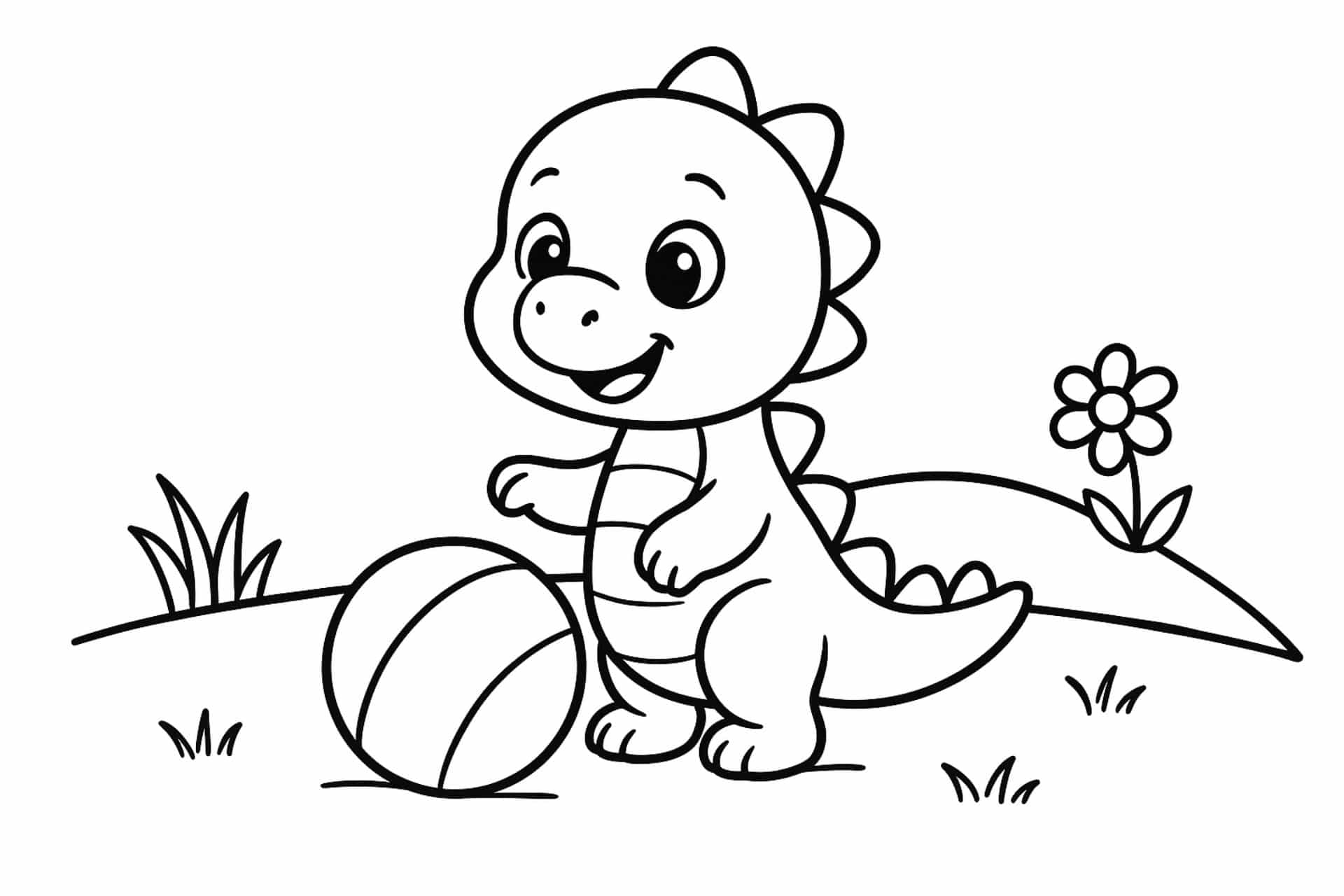 Dino spielt mit Ball – Ausmalbild für Kinder ab 2 Jahren