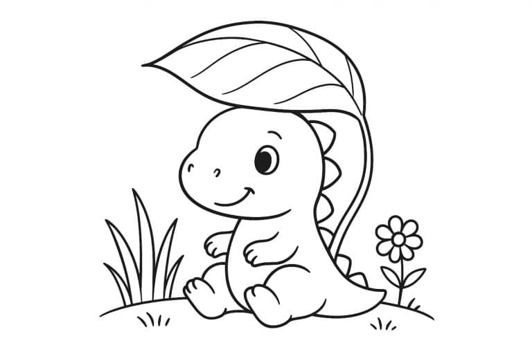 Dino unter großem Blatt – Ausmalbild für Kinder ab 2 Jahren