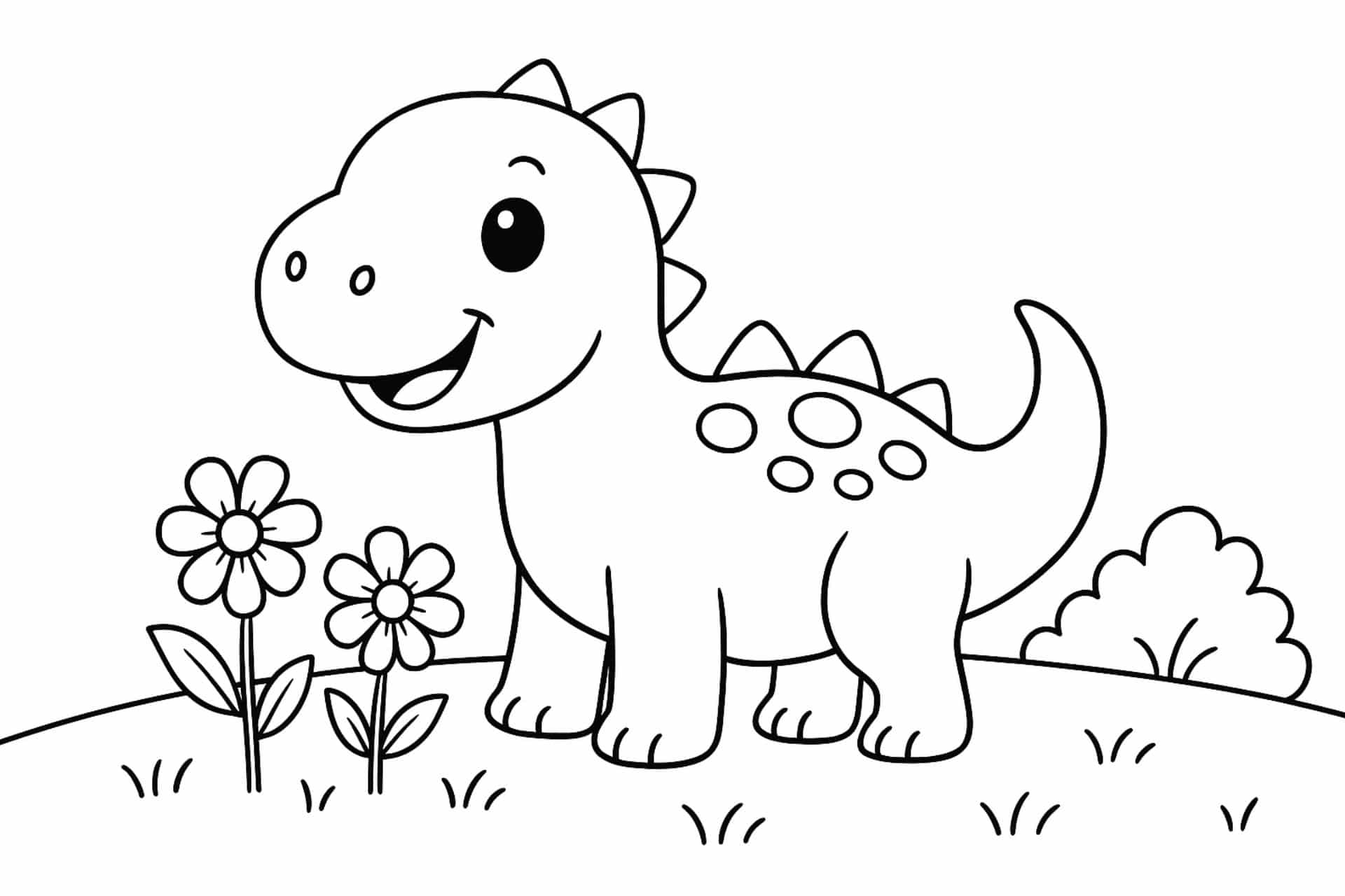 Fröhlicher Dinosaurier auf einer Wiese – Ausmalbild für Kinder ab 2 Jahren