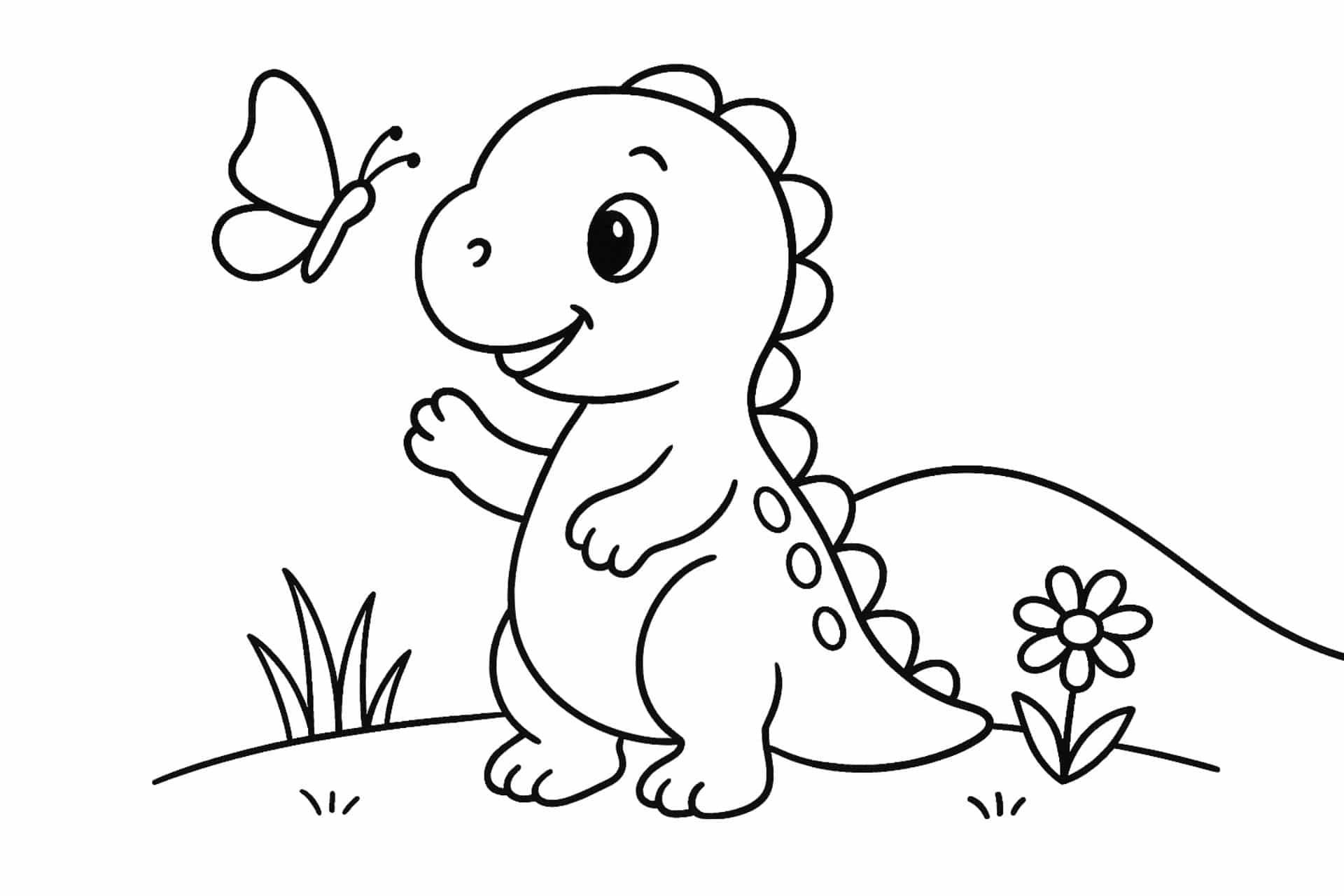 Kleiner Dino mit Schmetterling – Ausmalbild für Kinder ab 2 Jahren
