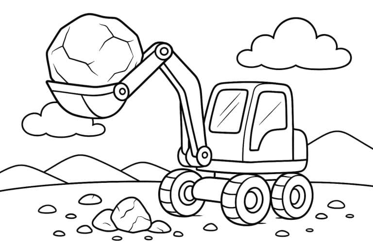Bagger hebt großen Felsbrocken – Ausmalbild für Kinder ab 4 Jahren
