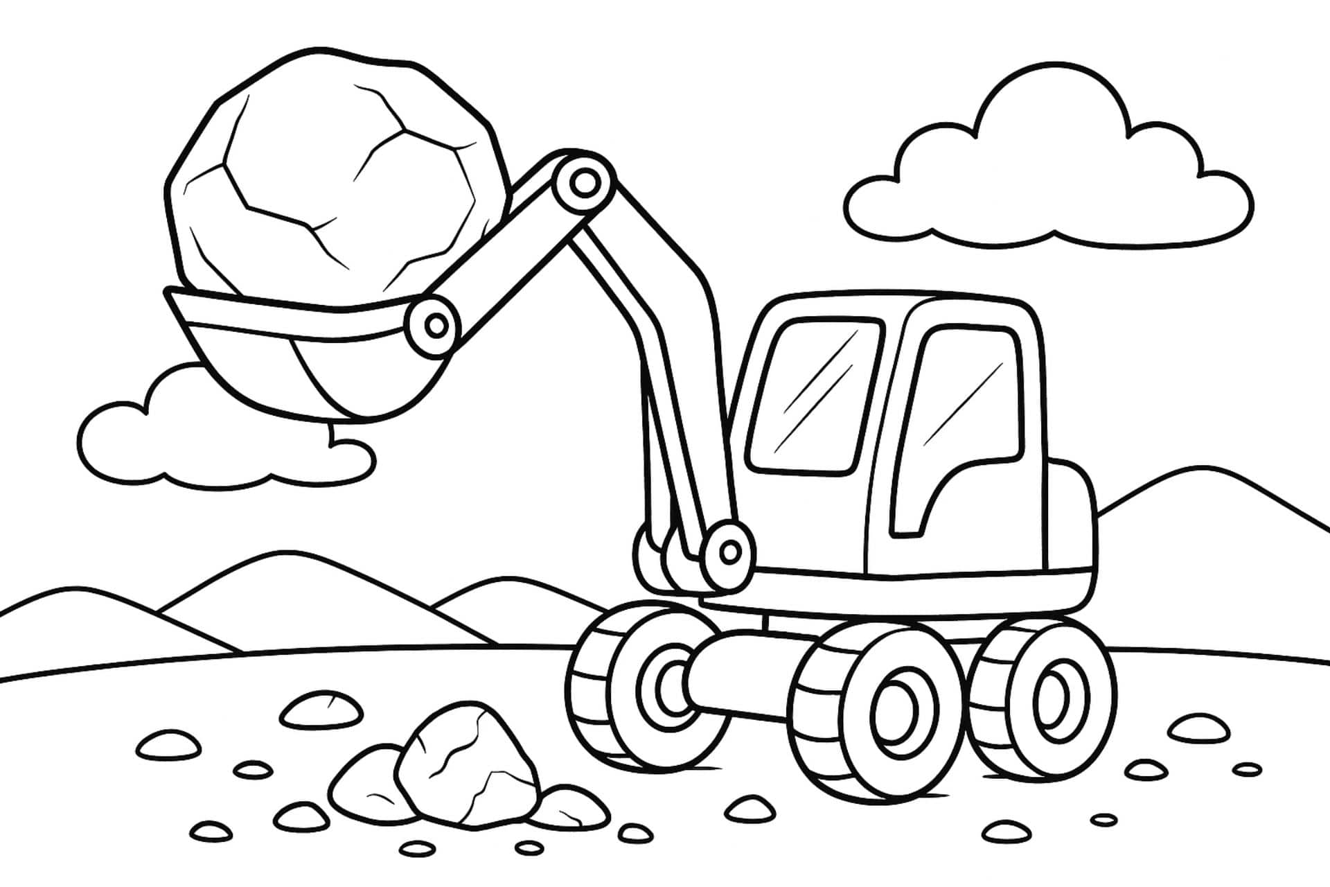 Bagger hebt großen Felsbrocken – Ausmalbild für Kinder ab 4 Jahren