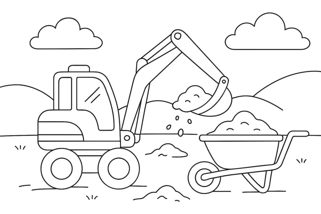 Bagger lädt Sand in eine Schubkarre – Ausmalbild für Kinder ab 4 Jahren