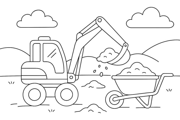 Bagger lädt Sand in eine Schubkarre – Ausmalbild für Kinder ab 4 Jahren