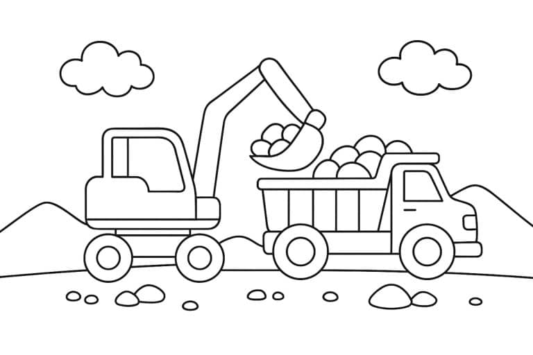 Bagger lädt Steine in einen Kipper – Ausmalbild für Kinder ab 4 Jahren