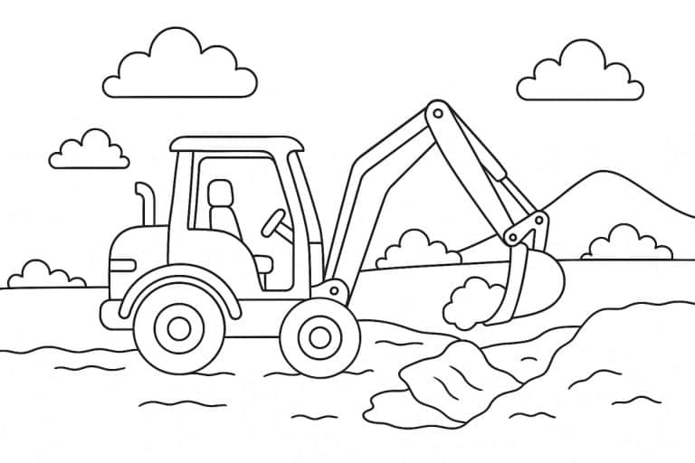 Kleiner Bagger hebt Erde aus – Ausmalbild für Kinder ab 4 Jahren