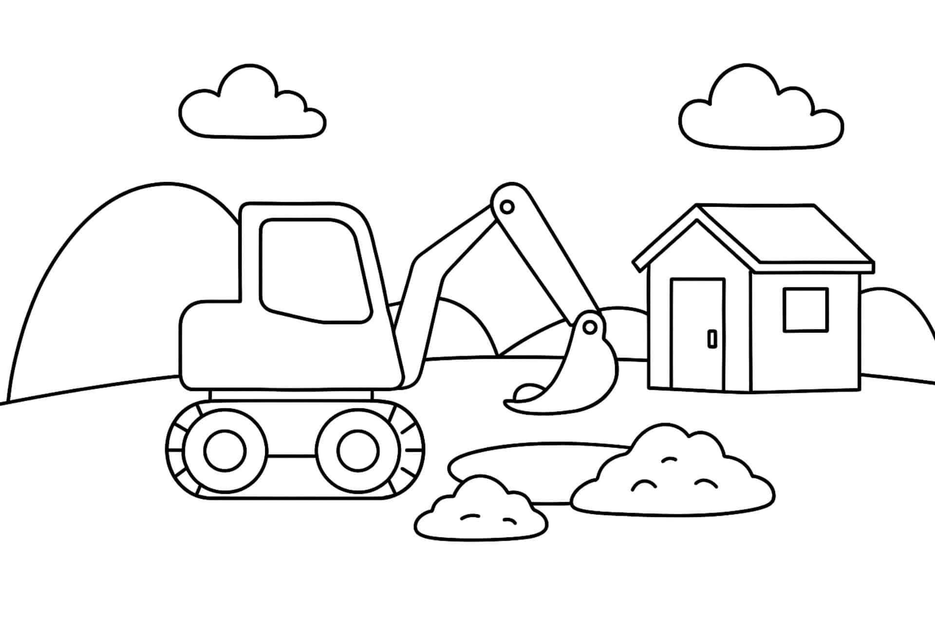 Mini-Bagger gräbt ein Loch neben einem Baustellenhäuschen – Ausmalbild für Kinder ab 4 Jahren