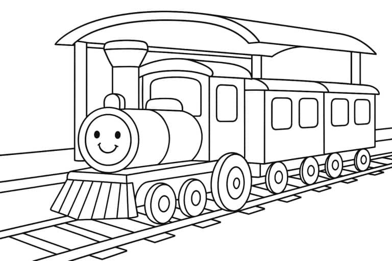 Fröhlicher Kinderzug im Bahnhof – Ausmalbild ab 4 Jahren