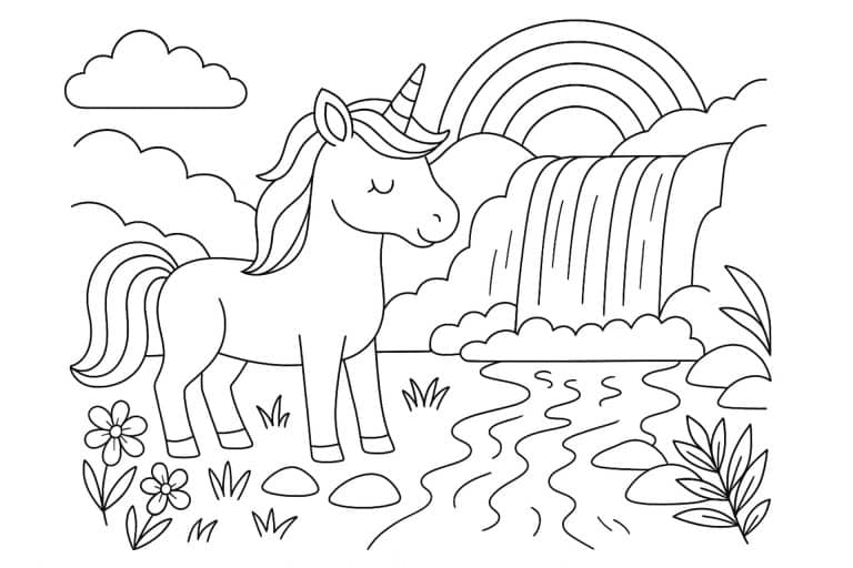 Einhorn am Wasserfall – Ausmalbild für Kinder ab 4 Jahren