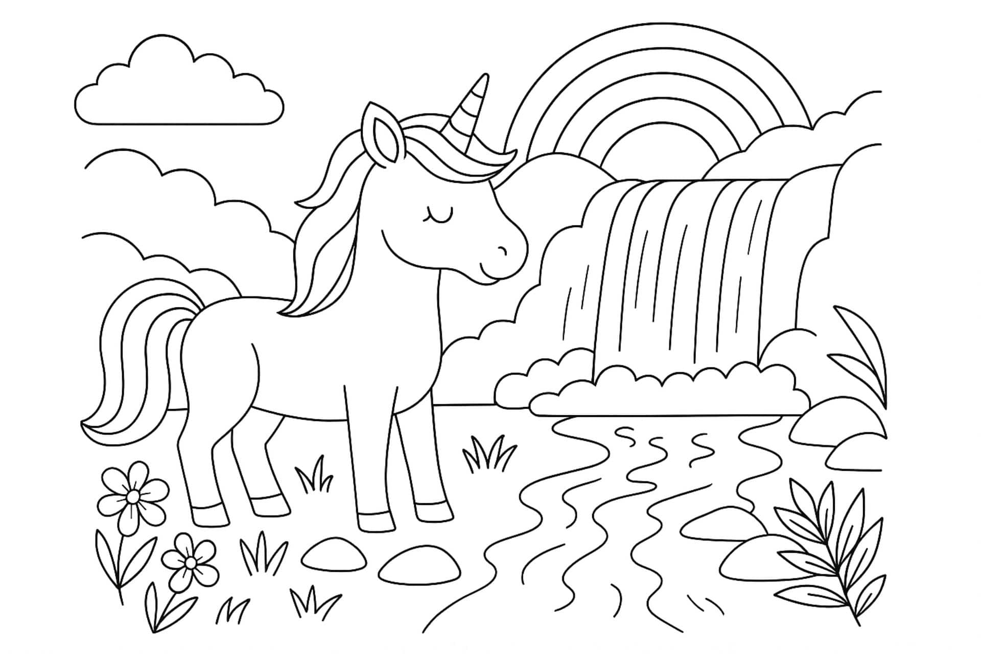 Einhorn am Wasserfall – Ausmalbild für Kinder ab 4 Jahren