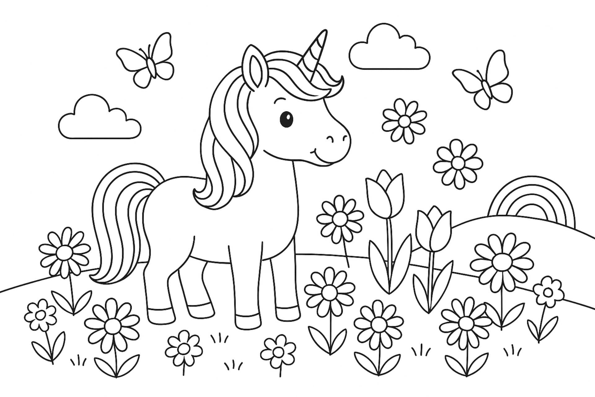 Einhorn auf Blumenwiese – Ausmalbild für Kinder ab 4 Jahren