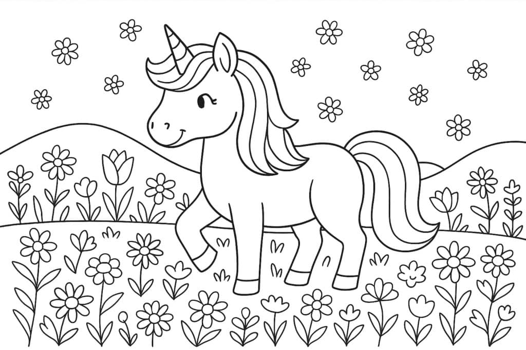 Einhorn im Blumenfeld – Ausmalbild für Kinder ab 4 Jahren