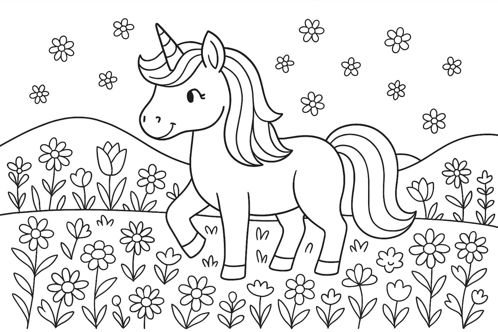 Einhorn im Blumenfeld – Ausmalbild für Kinder ab 4 Jahren