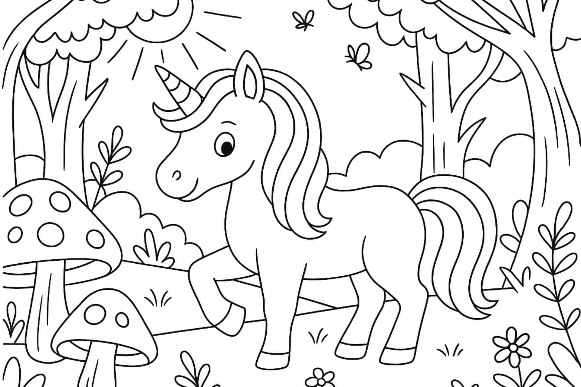 Einhorn im Zauberwald – Ausmalbild für Kinder ab 4 Jahren
