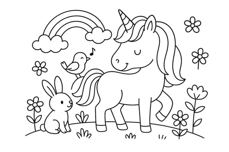 Einhorn mit Freunden – Ausmalbild für Kinder ab 4 Jahren