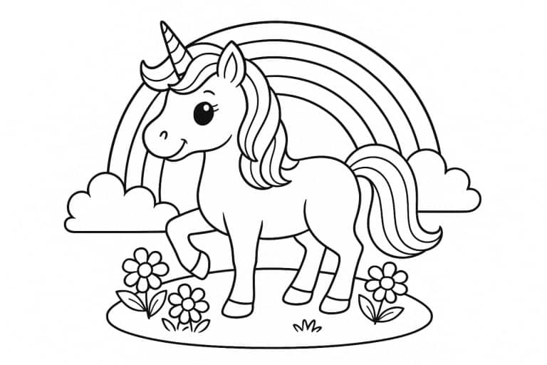 Einhorn mit Regenbogen – Ausmalbild für Kinder ab 4 Jahren