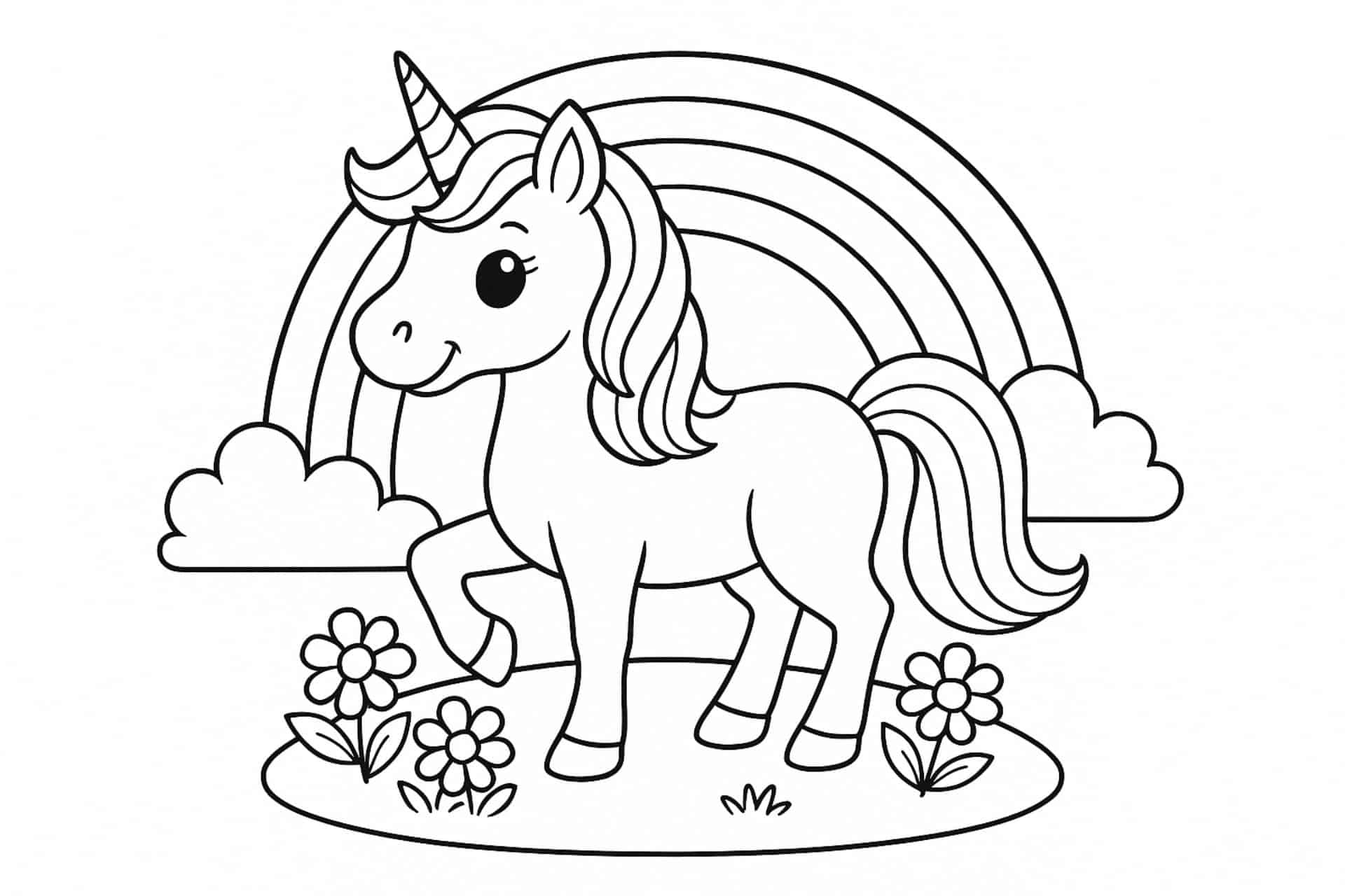 Einhorn mit Regenbogen – Ausmalbild für Kinder ab 4 Jahren