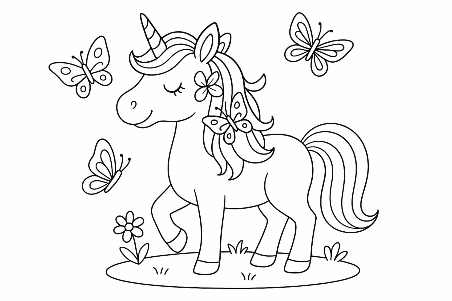 Einhorn mit Schmetterlingen – Ausmalbild für Kinder ab 4 Jahren