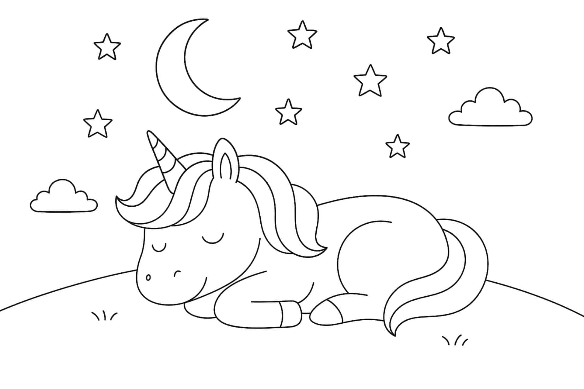 Schlafendes Einhorn unter Sternenhimmel – Ausmalbild für Kinder ab 4 Jahren
