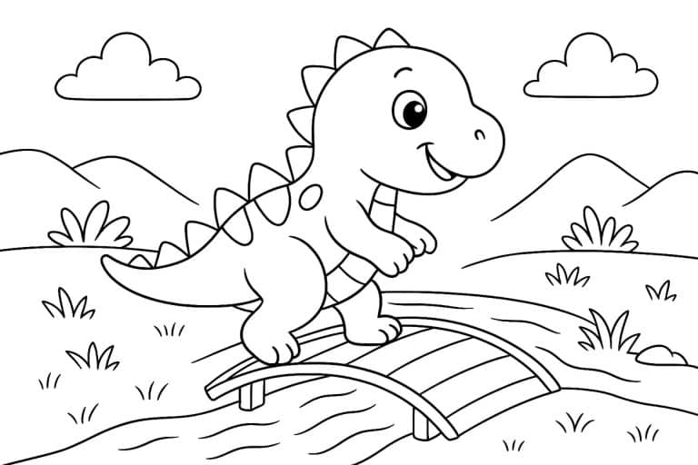 Dino auf Brücke – Ausmalbild für Kinder ab 4 Jahren