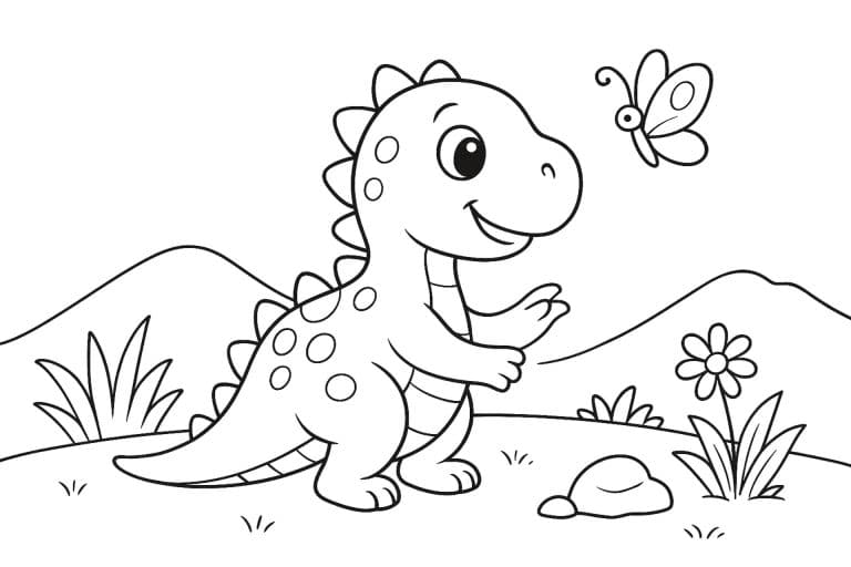 Dino entdeckt Schmetterling – Ausmalbild für Kinder ab 4 Jahren