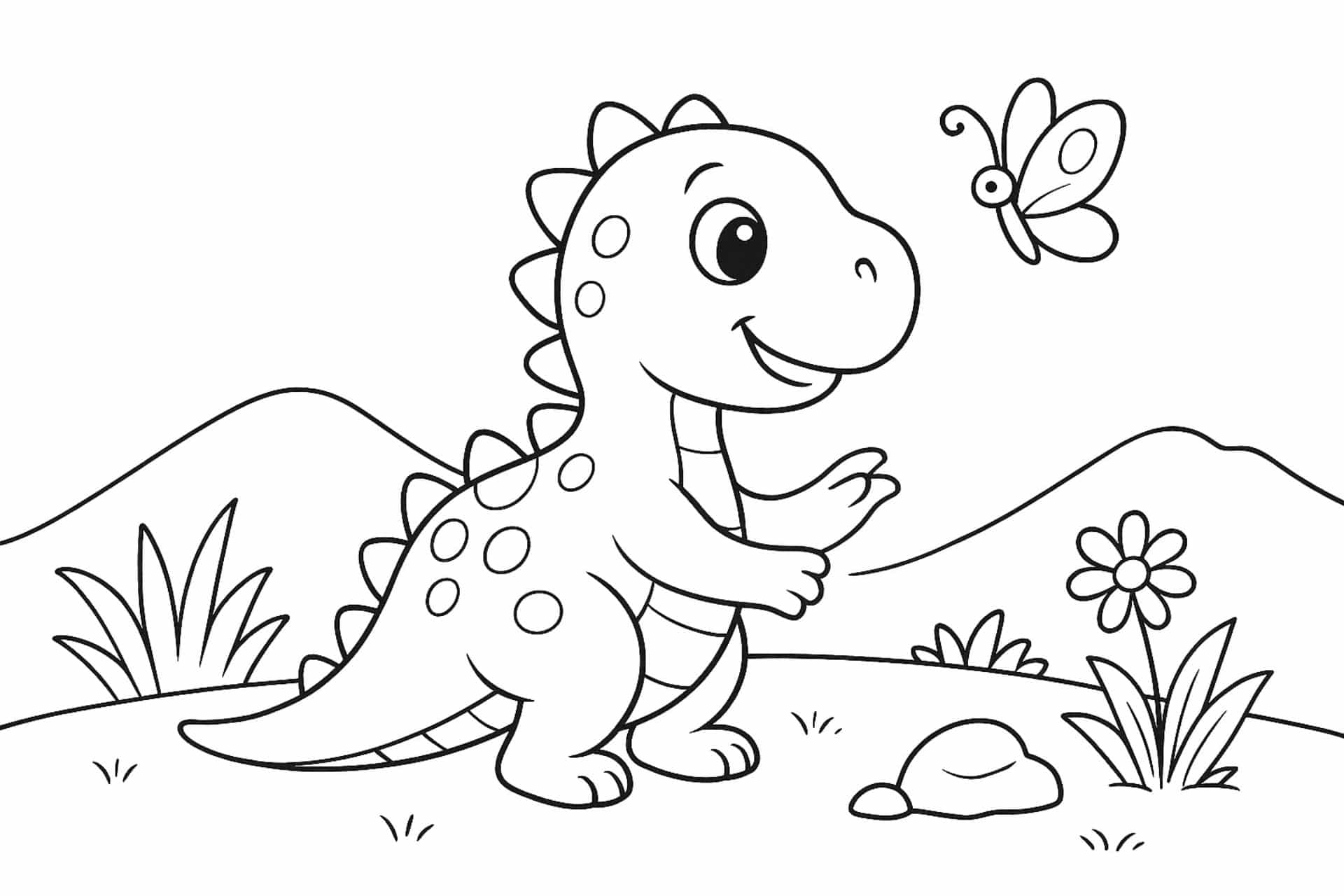 Dino entdeckt Schmetterling – Ausmalbild für Kinder ab 4 Jahren