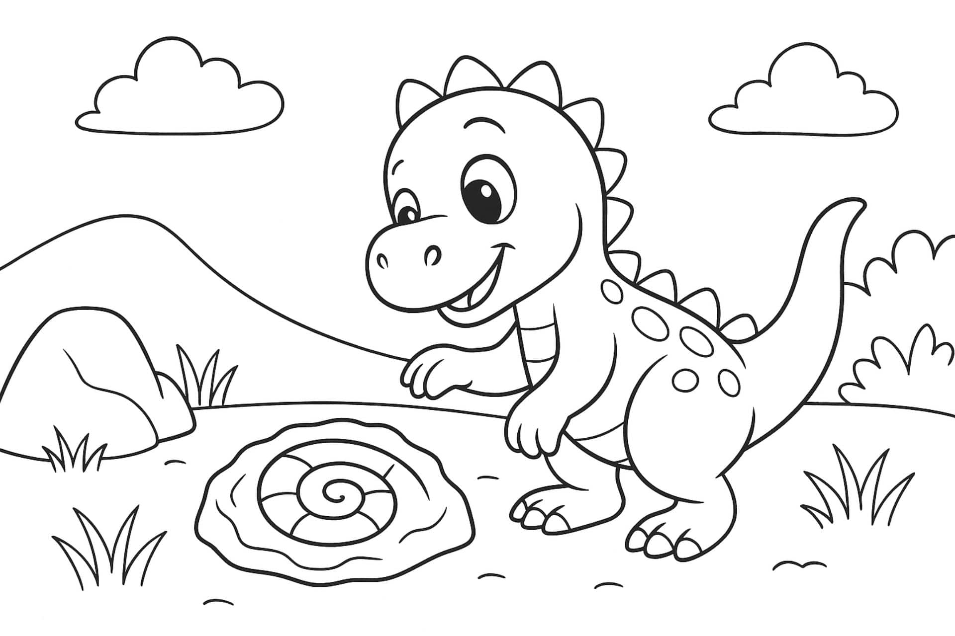 Dino findet Fossil – Ausmalbild für Kinder ab 4 Jahren