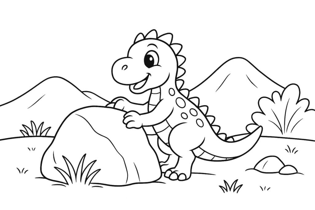 Dino klettert auf Felsen – Ausmalbild für Kinder ab 4 Jahren