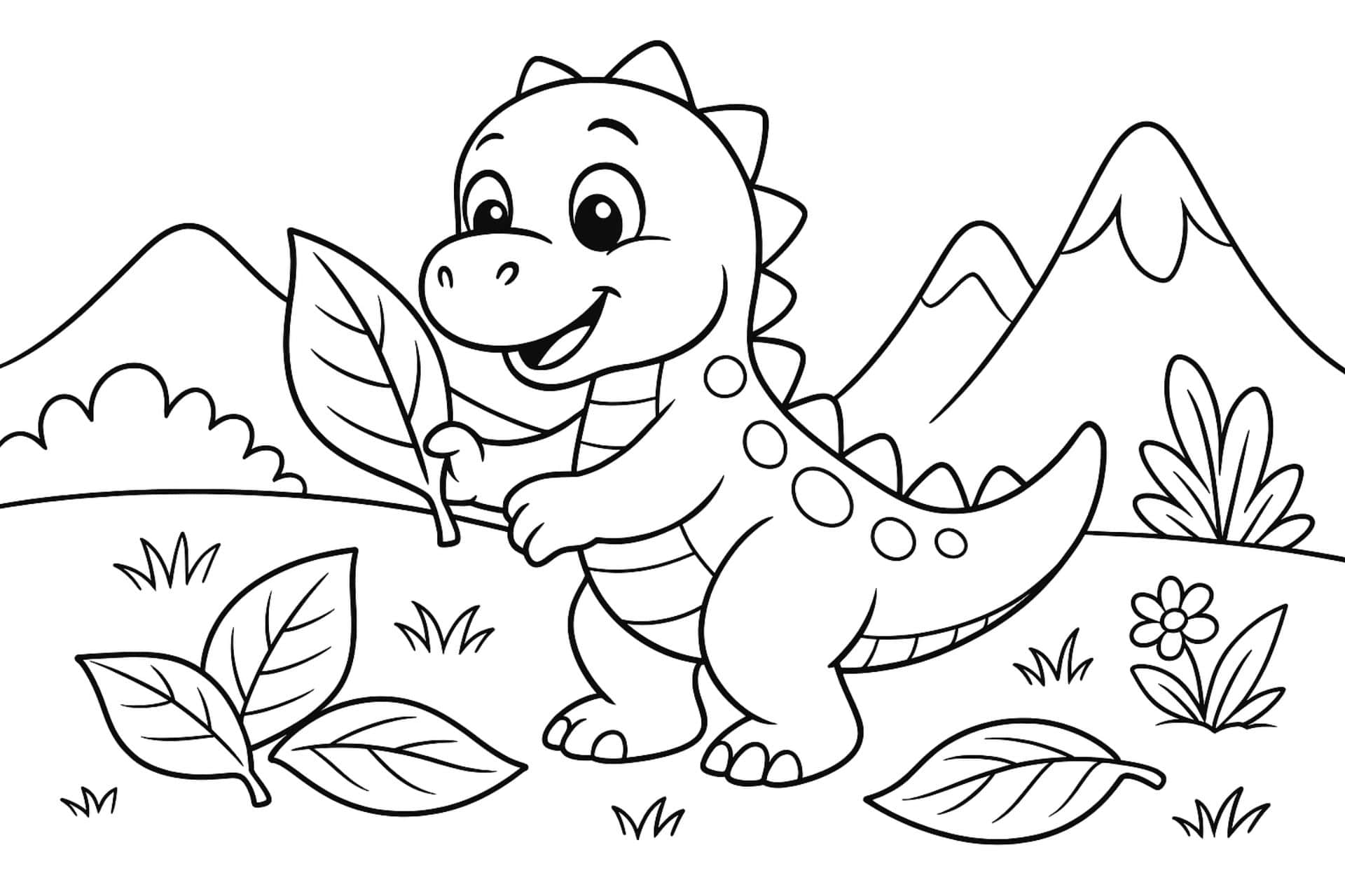 Dino sammelt Blätter – Ausmalbild für Kinder ab 4 Jahren