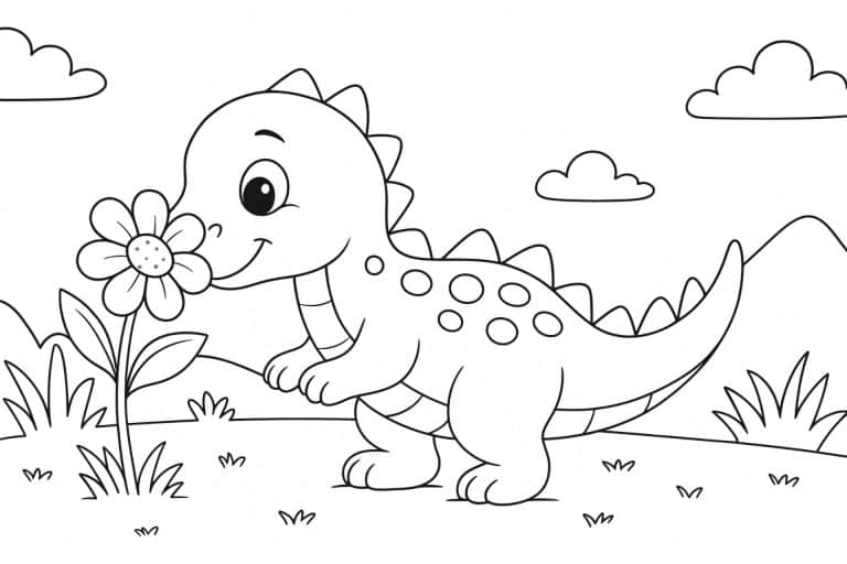 Dino schnuppert an Blume – Ausmalbild für Kinder ab 4 Jahren