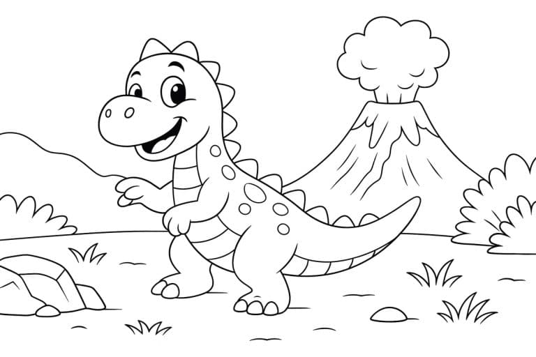 Dino vor Vulkan – Ausmalbild für Kinder ab 4 Jahren
