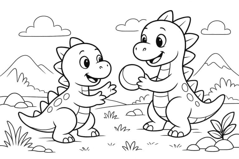 Zwei spielende Dinos – Ausmalbild für Kinder ab 4 Jahren
