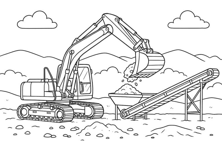 Bagger belädt Förderband – Ausmalbild für Kinder ab 6 Jahren