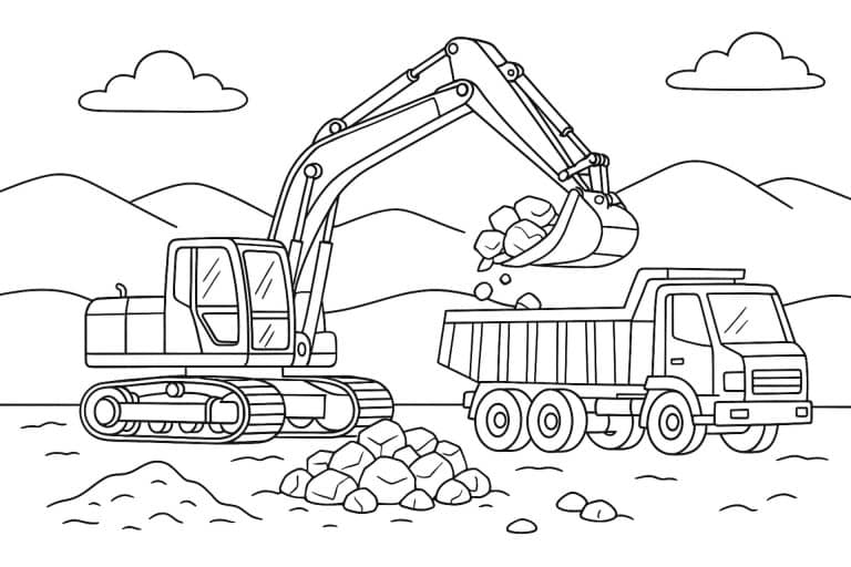 Bagger lädt Steine in einen Kipper – Ausmalbild für Kinder ab 6 Jahren
