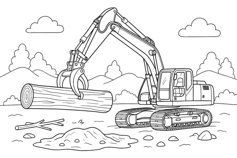 Bagger mit Greifarm hebt Baumstamm – Ausmalbild für Kinder ab 6 Jahren