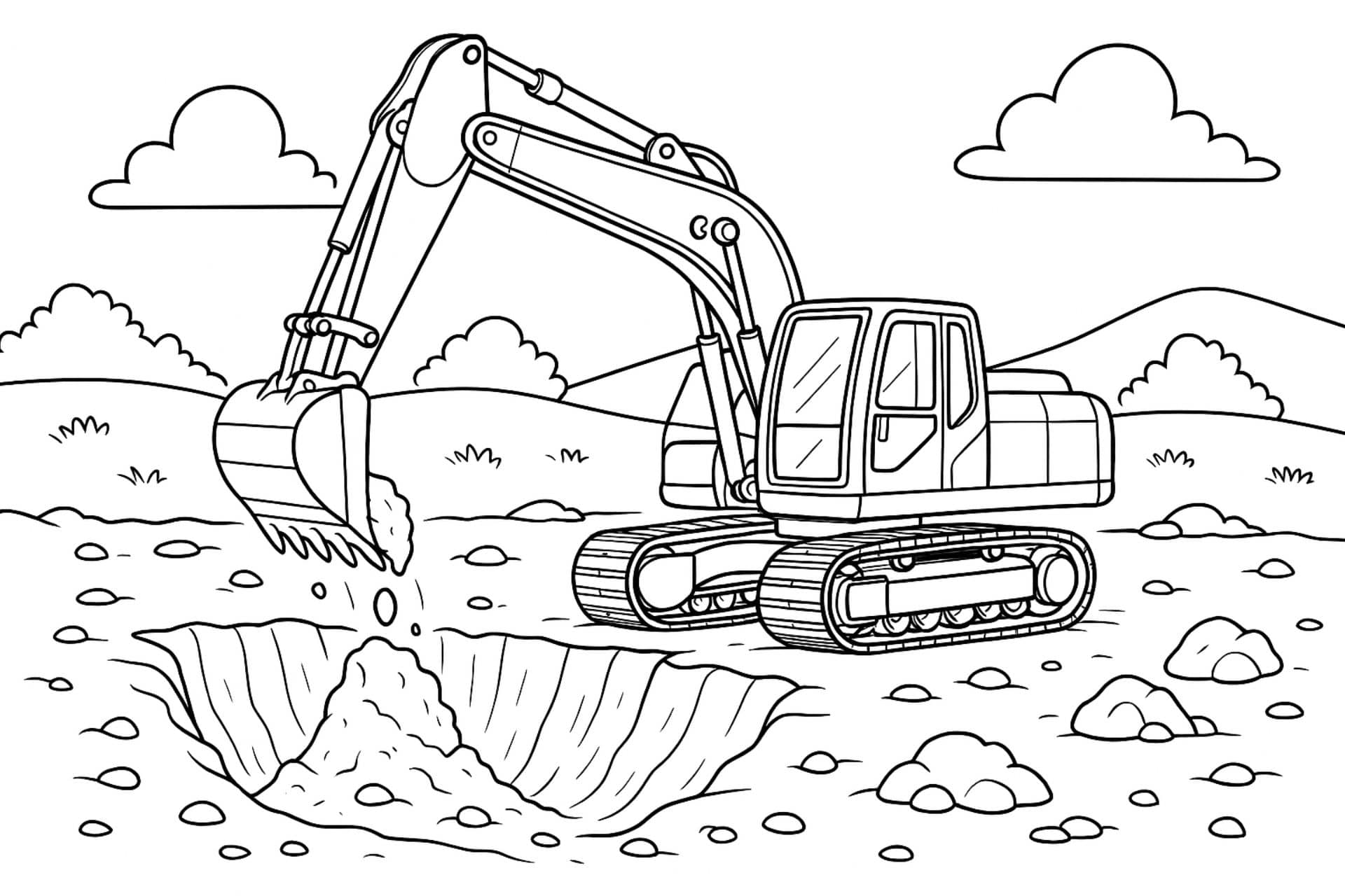 Bagger mit Tieflöffel gräbt Loch – Ausmalbild für Kinder ab 6 Jahren