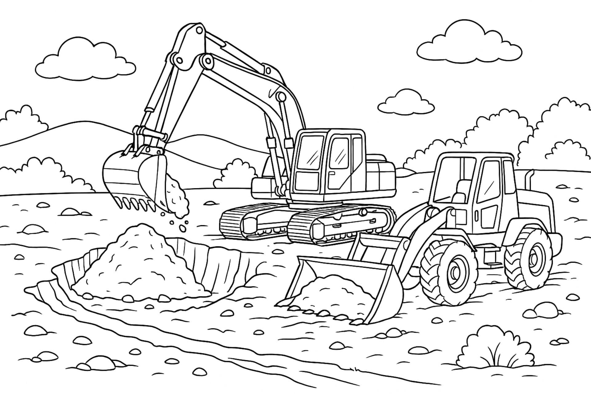 Bagger Und Frontlader – Ausmalbild für Kinder ab 6 Jahren