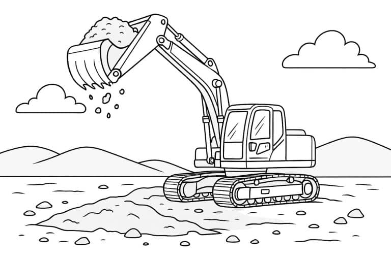Moderner Bagger hebt Erde – Ausmalbild für Kinder ab 6 Jahren