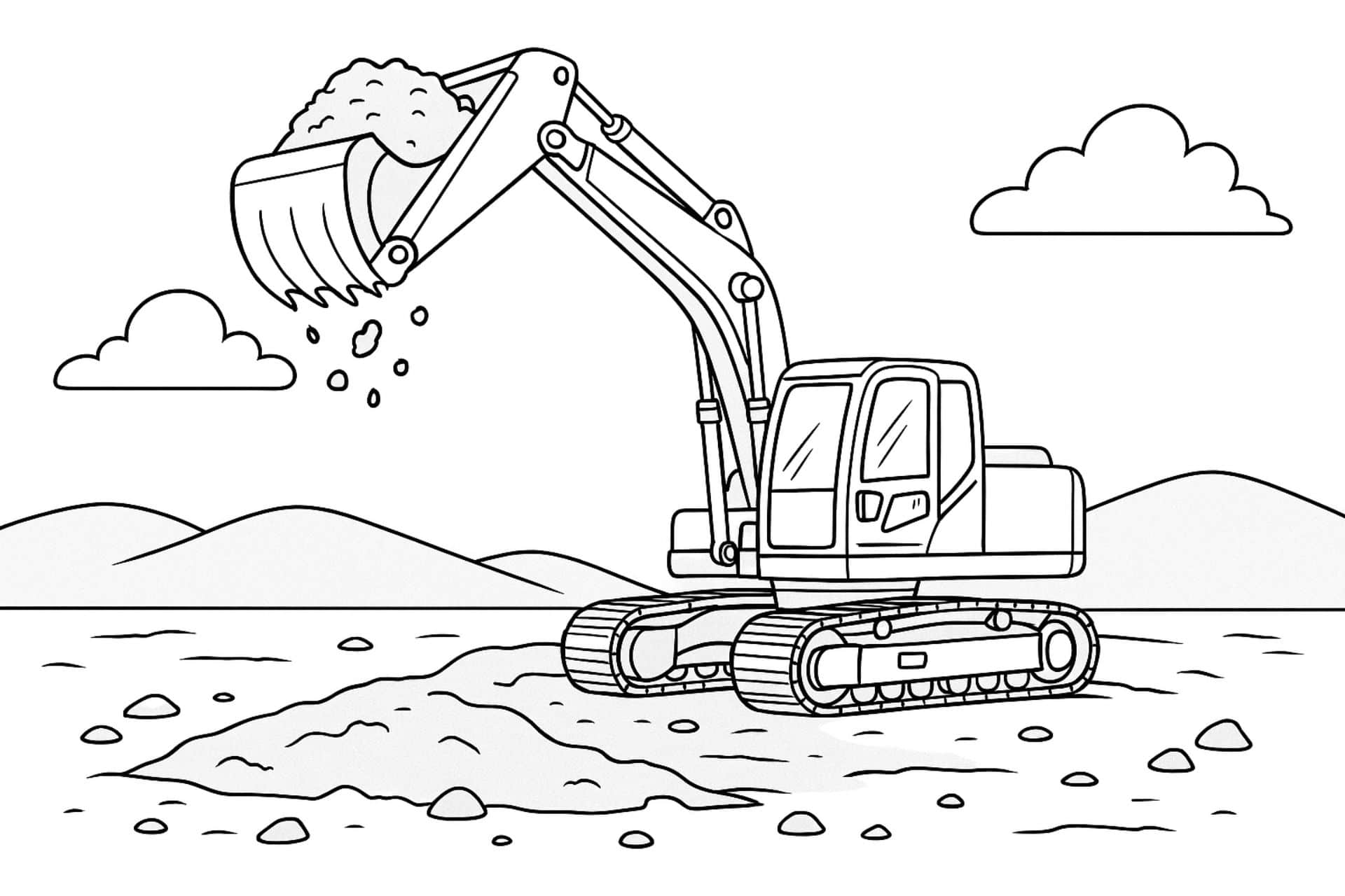 Moderner Bagger hebt Erde – Ausmalbild für Kinder ab 6 Jahren