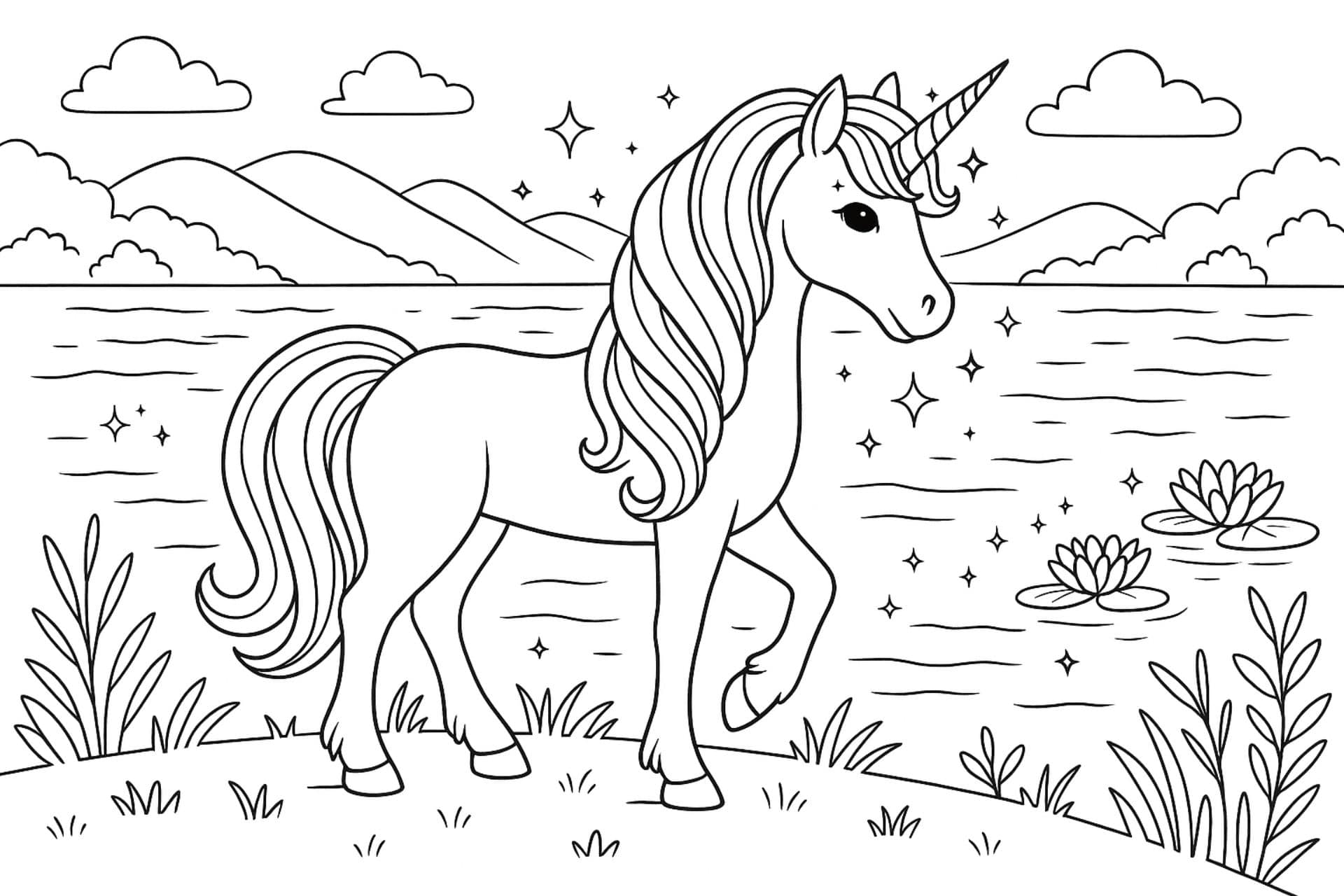 Einhorn am Seeufer – Ausmalbild für Kinder ab 6 Jahren