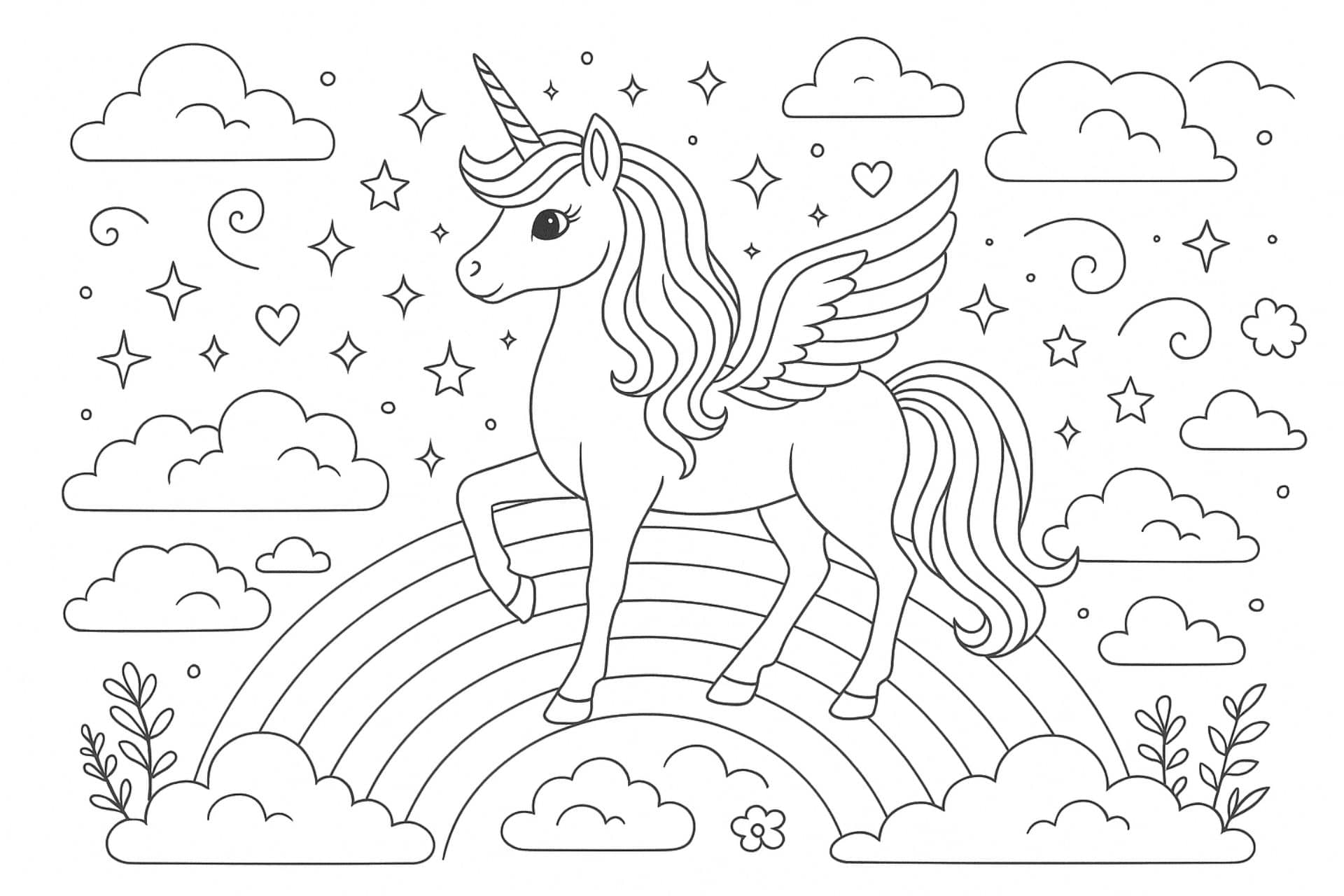 Einhorn auf der Regenbogenbrücke – Ausmalbild für Kinder ab 6 Jahren